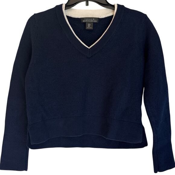 Tahari Womens Merino Wool V-Neck Sweater Navy & White Soft Twee Preppy M - Picture 8 of 8